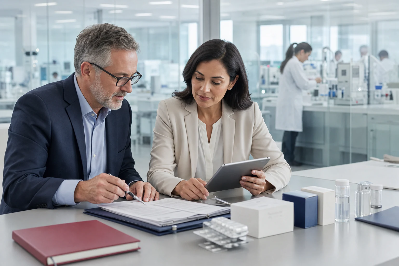 Pharmazeutische Geschäftspartner prüfen gemeinsam Unterlagen für eine Lizenzpartnerschaft